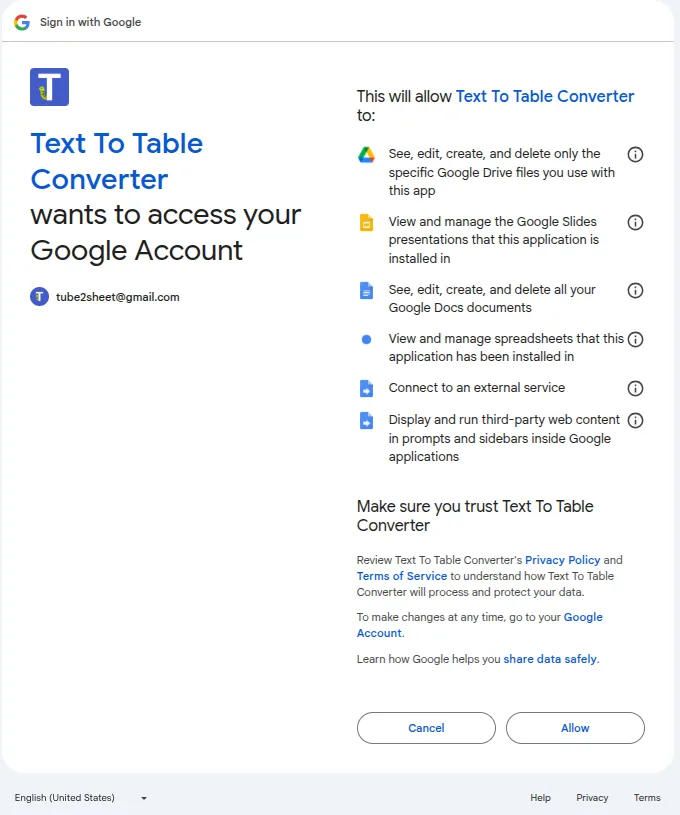 Text to Table Converter Add-on permissions