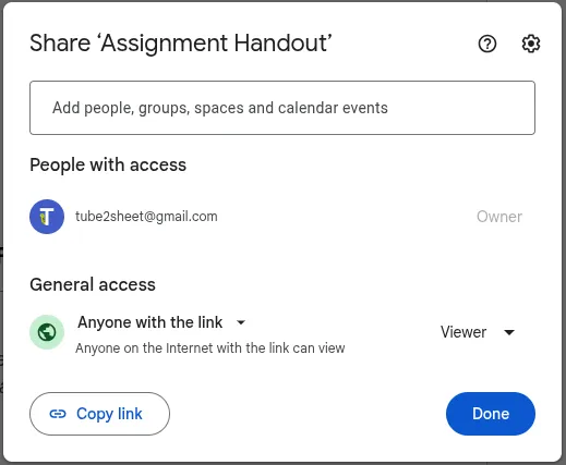 Sharing settings set to “Anyone with the link” and “Viewer”