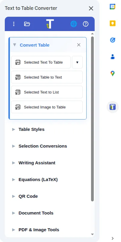Sidebar in Google Docs