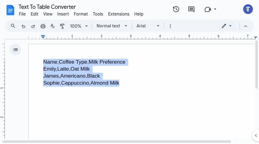Animation showing Text to Table conversion process