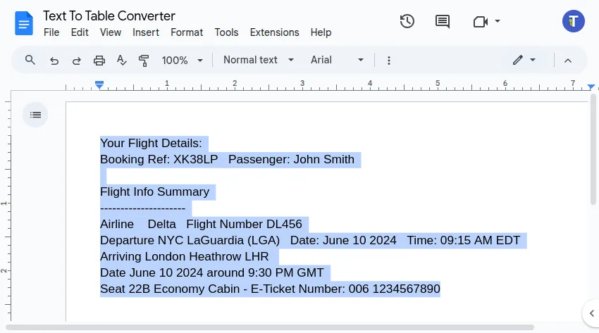 Screenshot showing unstructured flight details selected in Google Docs™