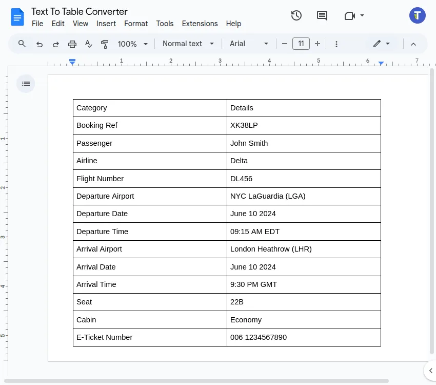 Screenshot of the resulting table created from unstructured text