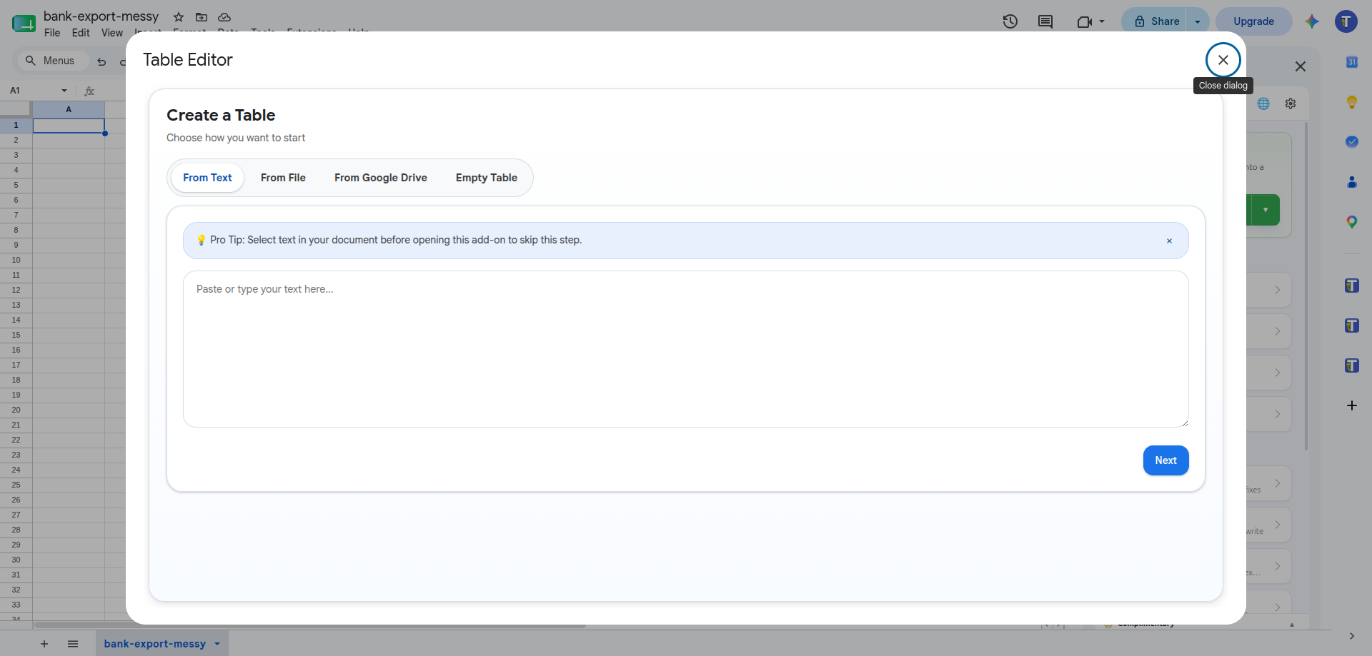 Table Editor start screen with source tabs for a new table