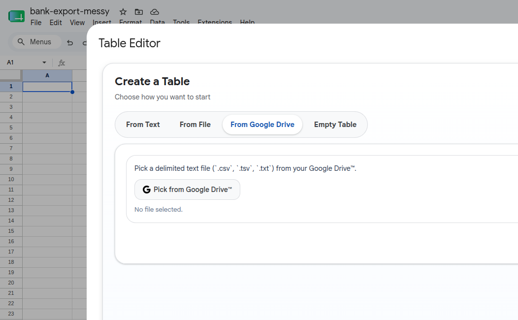 A messy bank CSV selected from Google Drive with the Next action ready