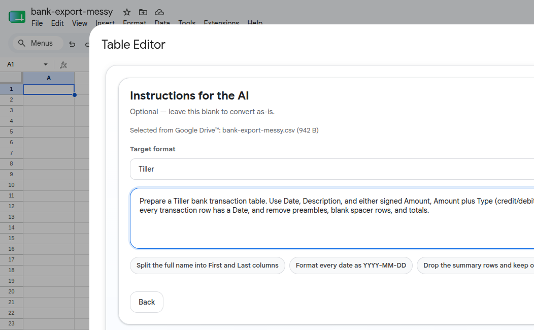 The Tiller target-format preset populated in the Table Editor instructions step