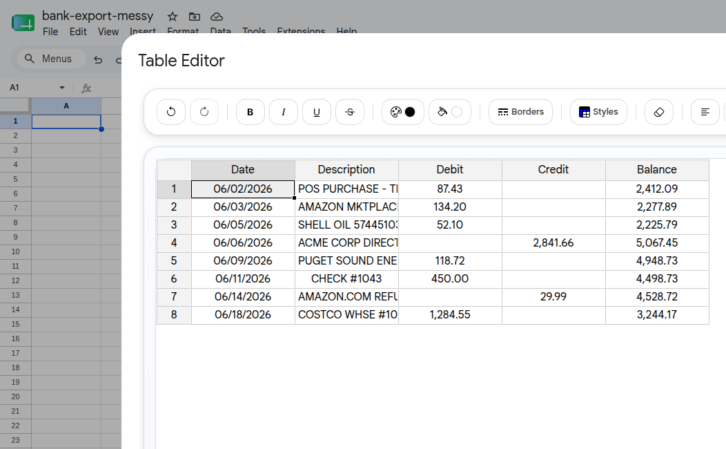 Cleaned Tiller-style transaction rows reviewed in Table Editor