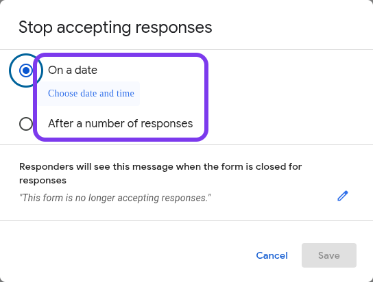 Google Forms close date and response limit controls highlighted