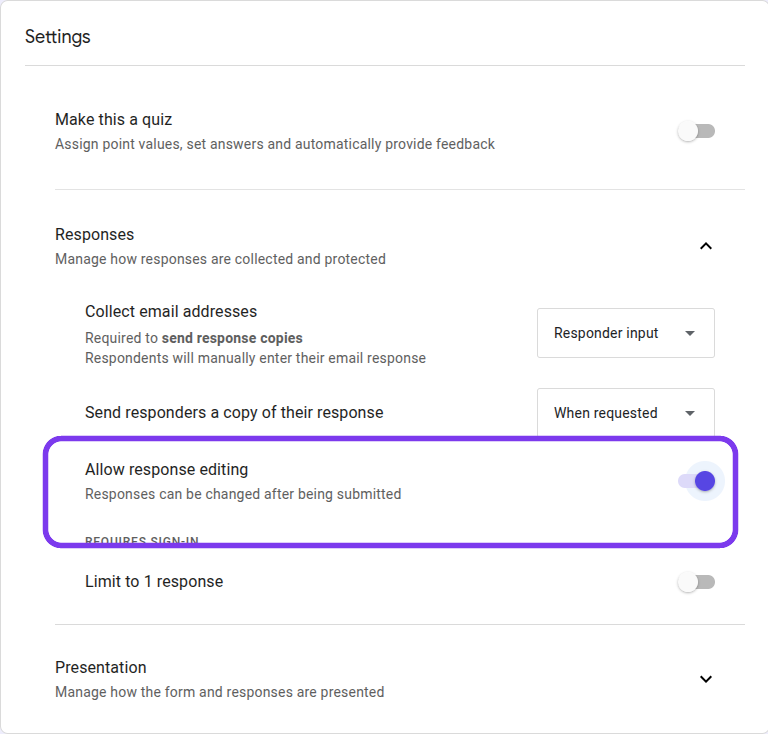 Allow response editing highlighted in Google Forms Responses settings