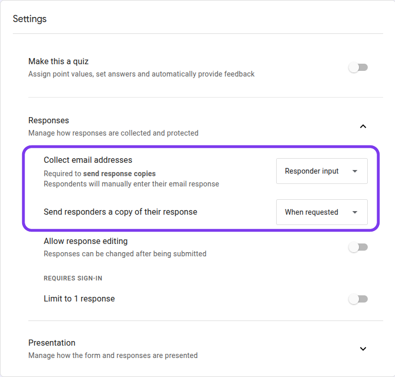 Google Forms response receipt settings highlighted