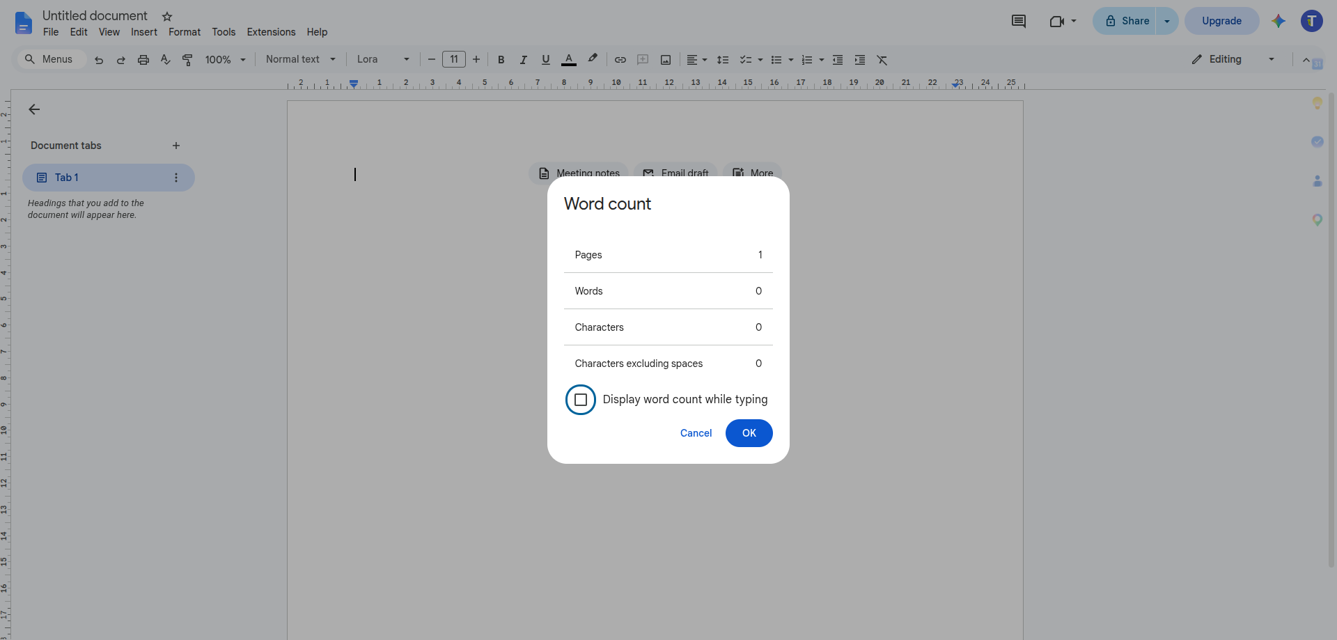 Google Docs Word count dialog with display word count while typing enabled