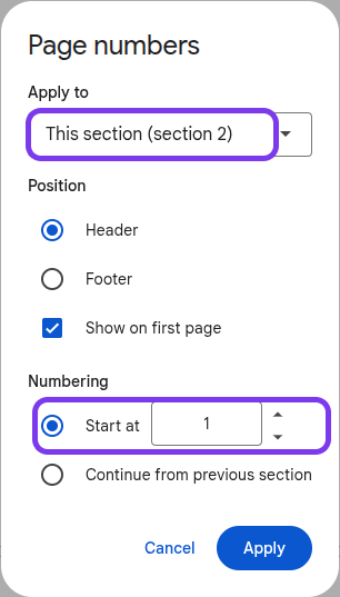 Google Docs page-number options set to this section and start at 1