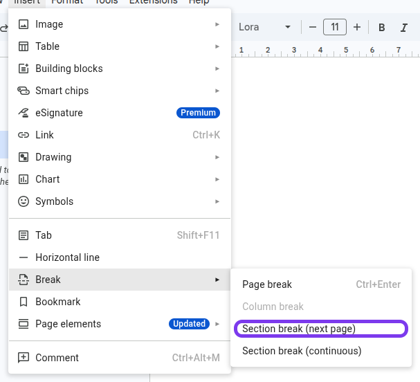 Section break (next page) highlighted in the current Google Docs Insert menu