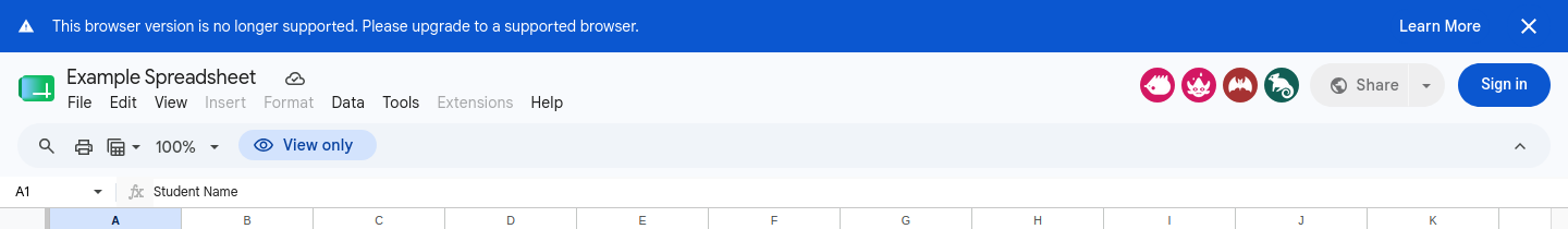 The "This browser version is no longer supported" bar above a Google Sheet