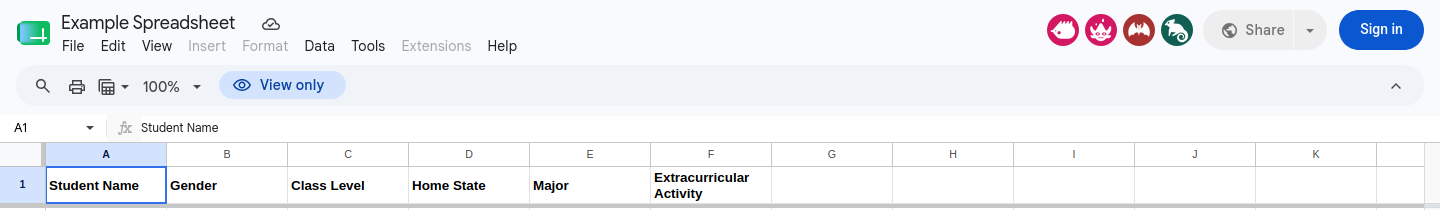 The same Google Sheet with the warning bar hidden