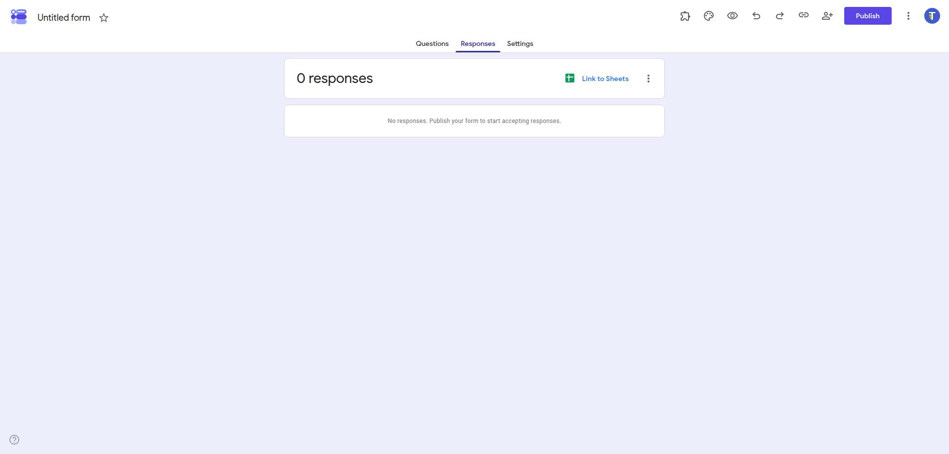 Google Forms Responses tab showing that the form must be published before accepting responses