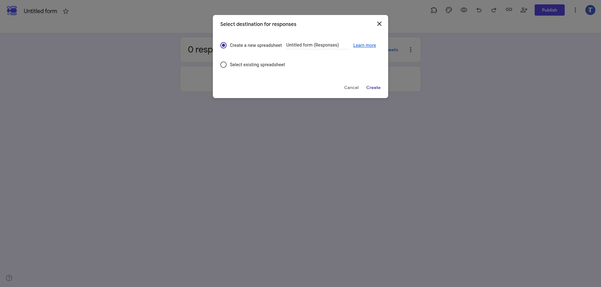 Google Forms Select response destination dialog with a spreadsheet selected