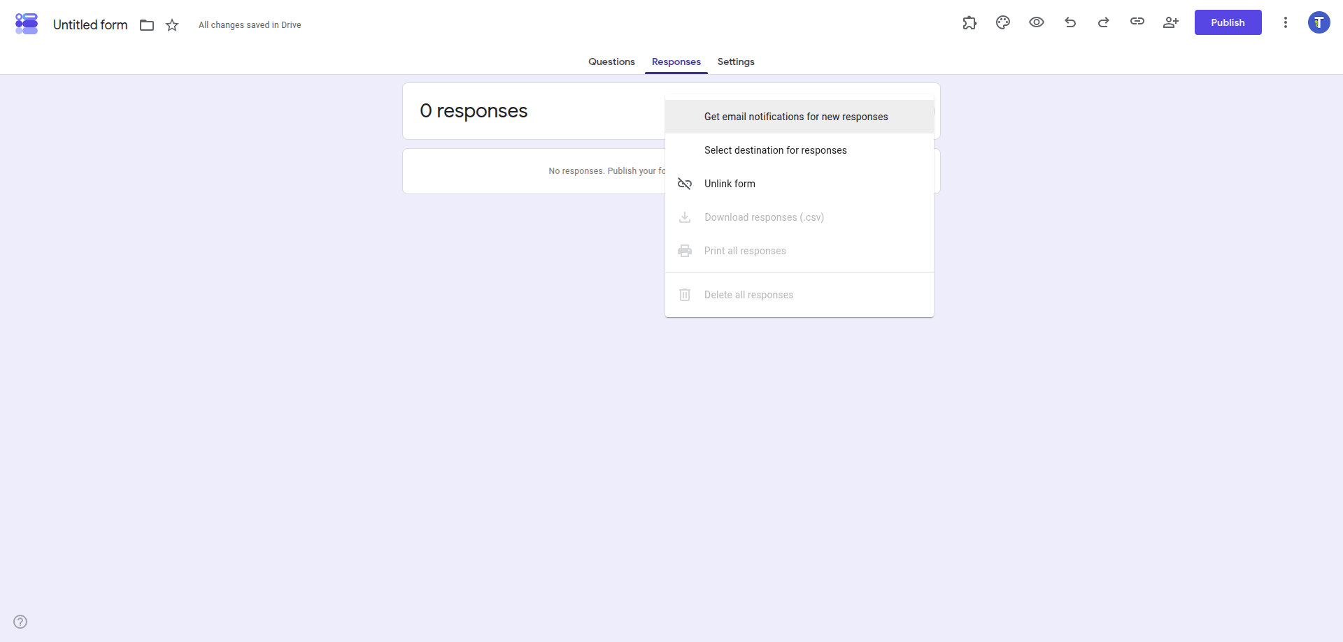 Google Forms response-destination menu with Unlink form highlighted