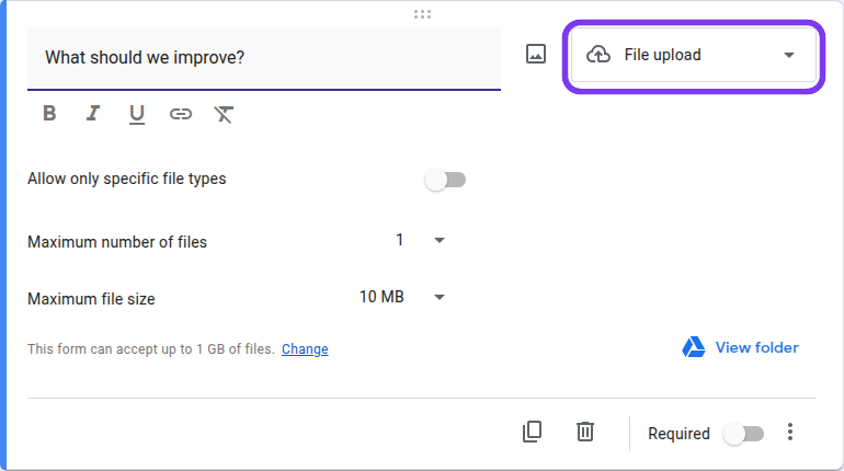 The File upload question type available in a My Drive Google Form