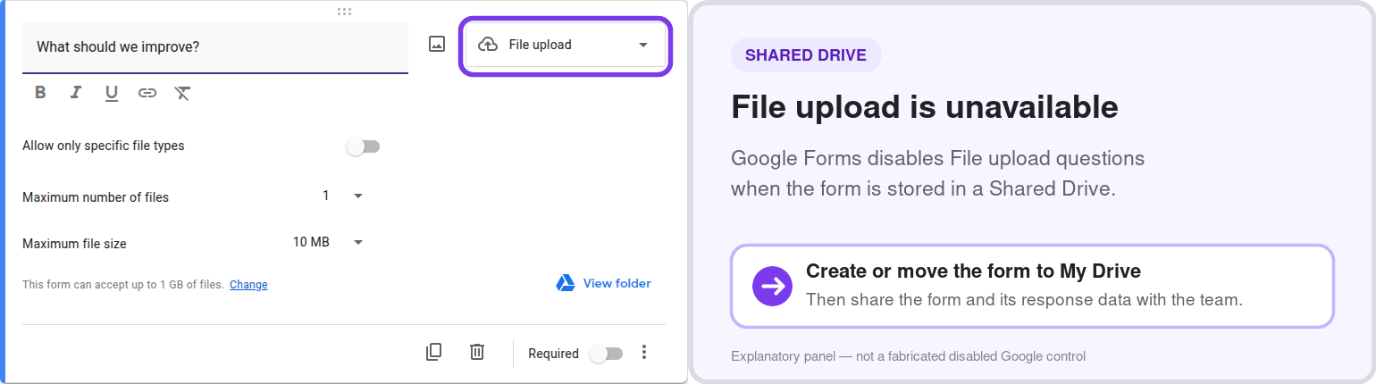 Google Forms File upload availability in My Drive and Shared Drive explained side by side