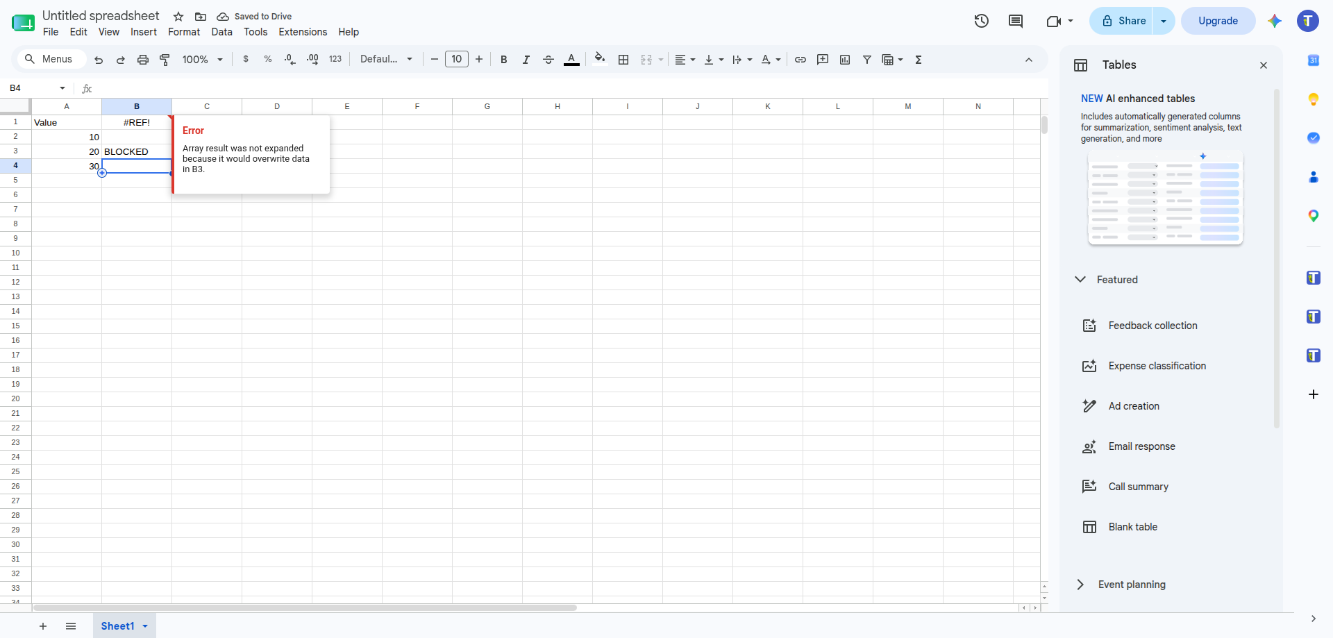 Google Sheets array error pointing to a blocked spill cell