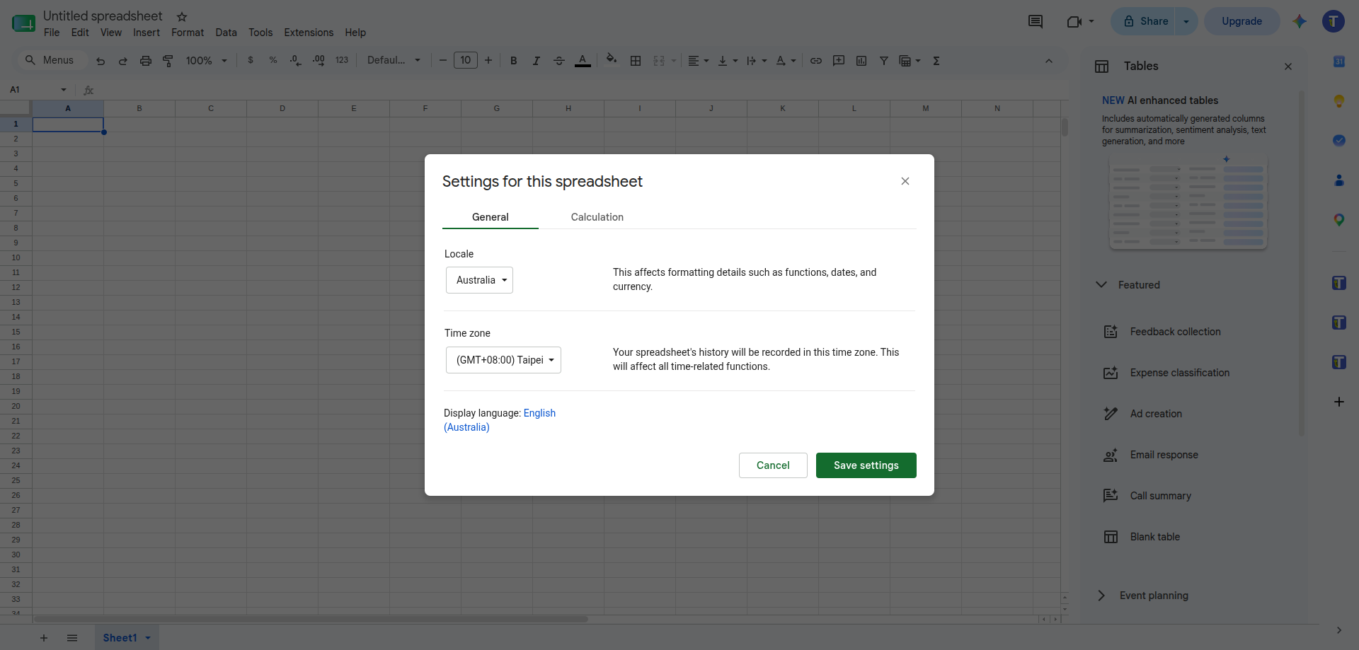 Google Sheets location and calculation settings for the spreadsheet locale