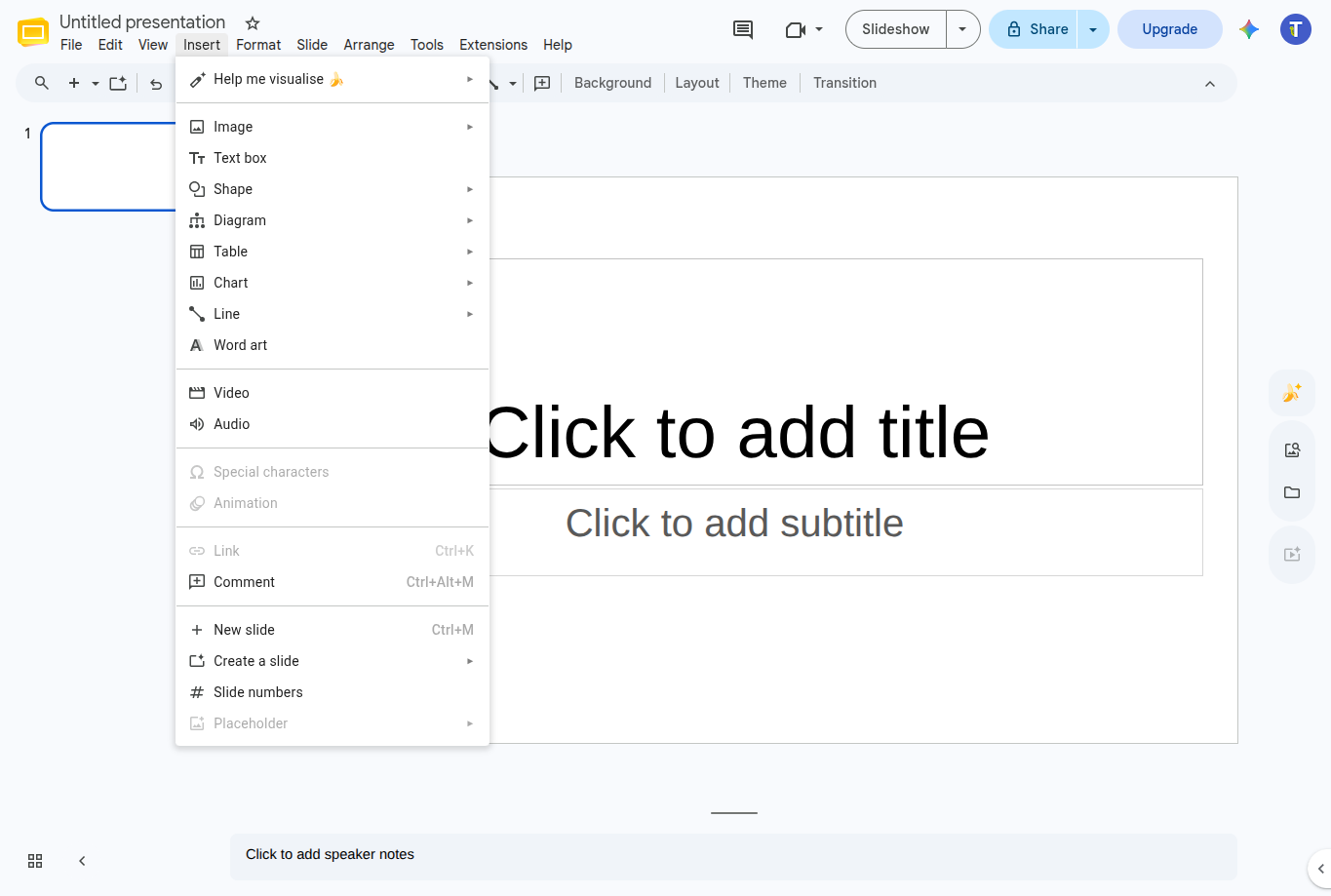 Current Google Slides Insert menu with Audio available