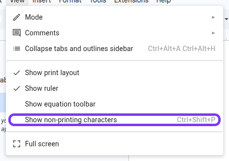 Show non-printing characters highlighted in the current Google Docs View menu