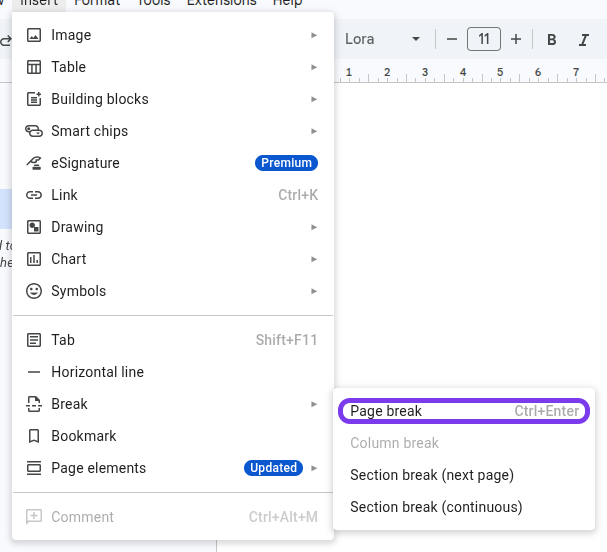 Page break highlighted in the current Google Docs Insert menu