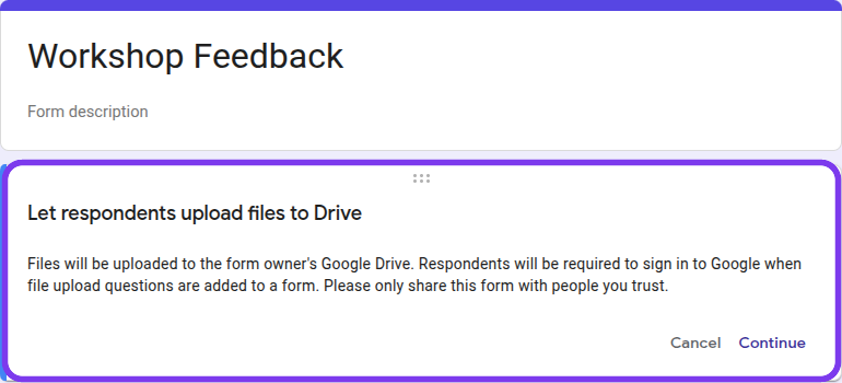 A Google Forms File upload question with its sign-in requirement highlighted