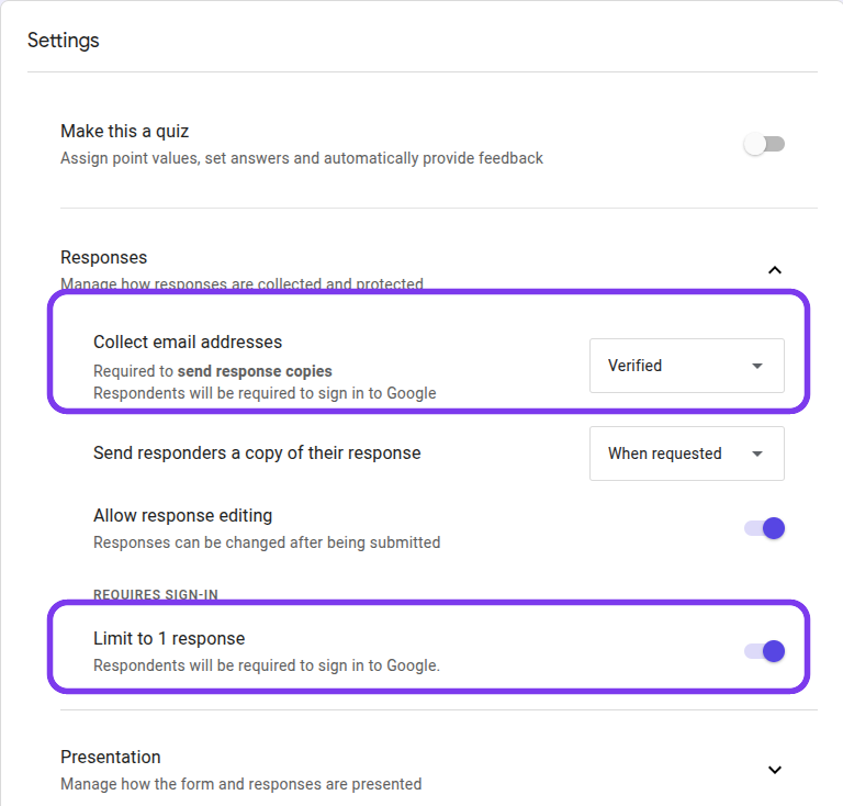 Google Forms Responses settings with account-dependent options highlighted