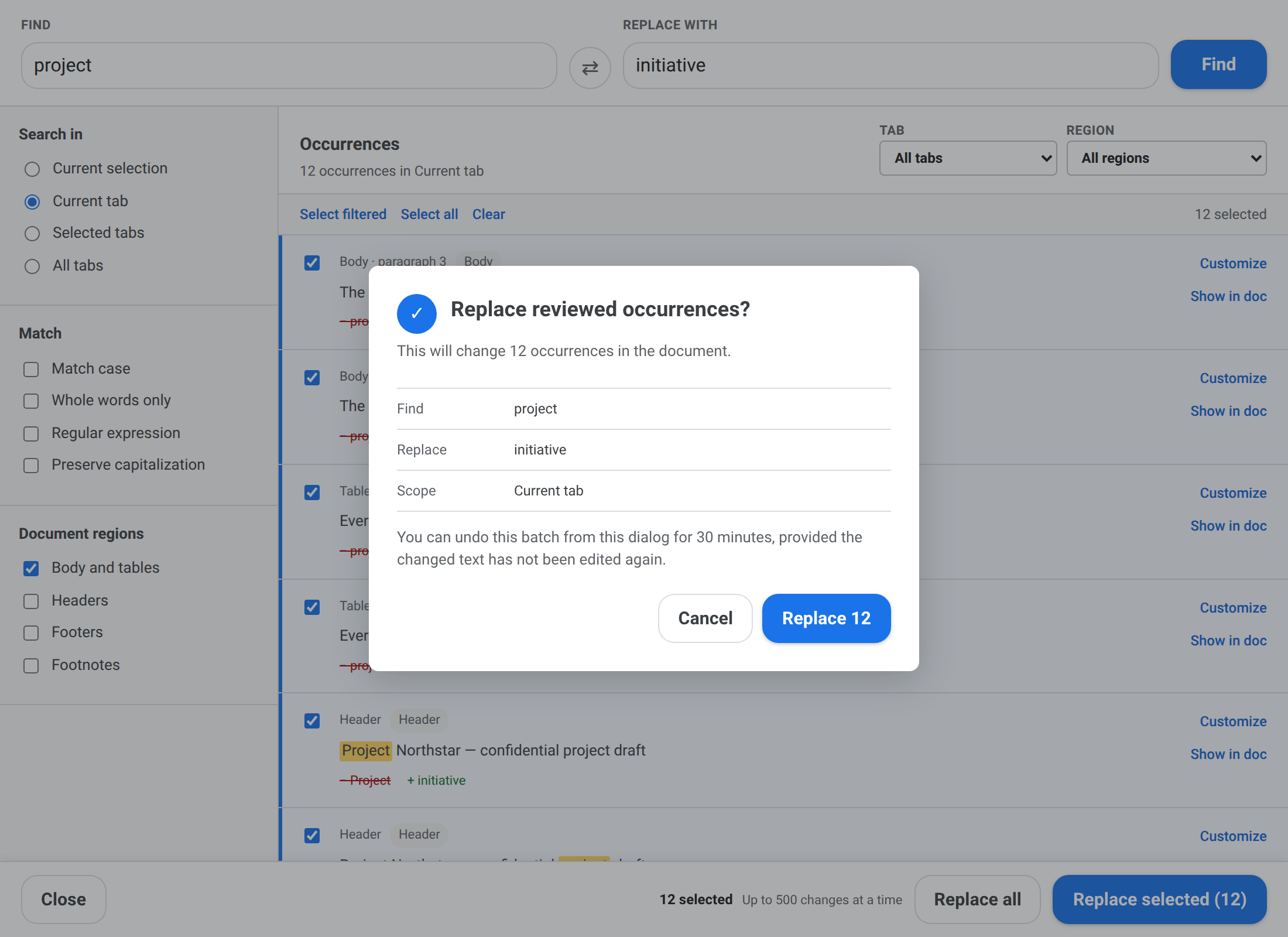 Confirmation dialog summarizing the find text, replacement, scope, occurrence count, and undo window