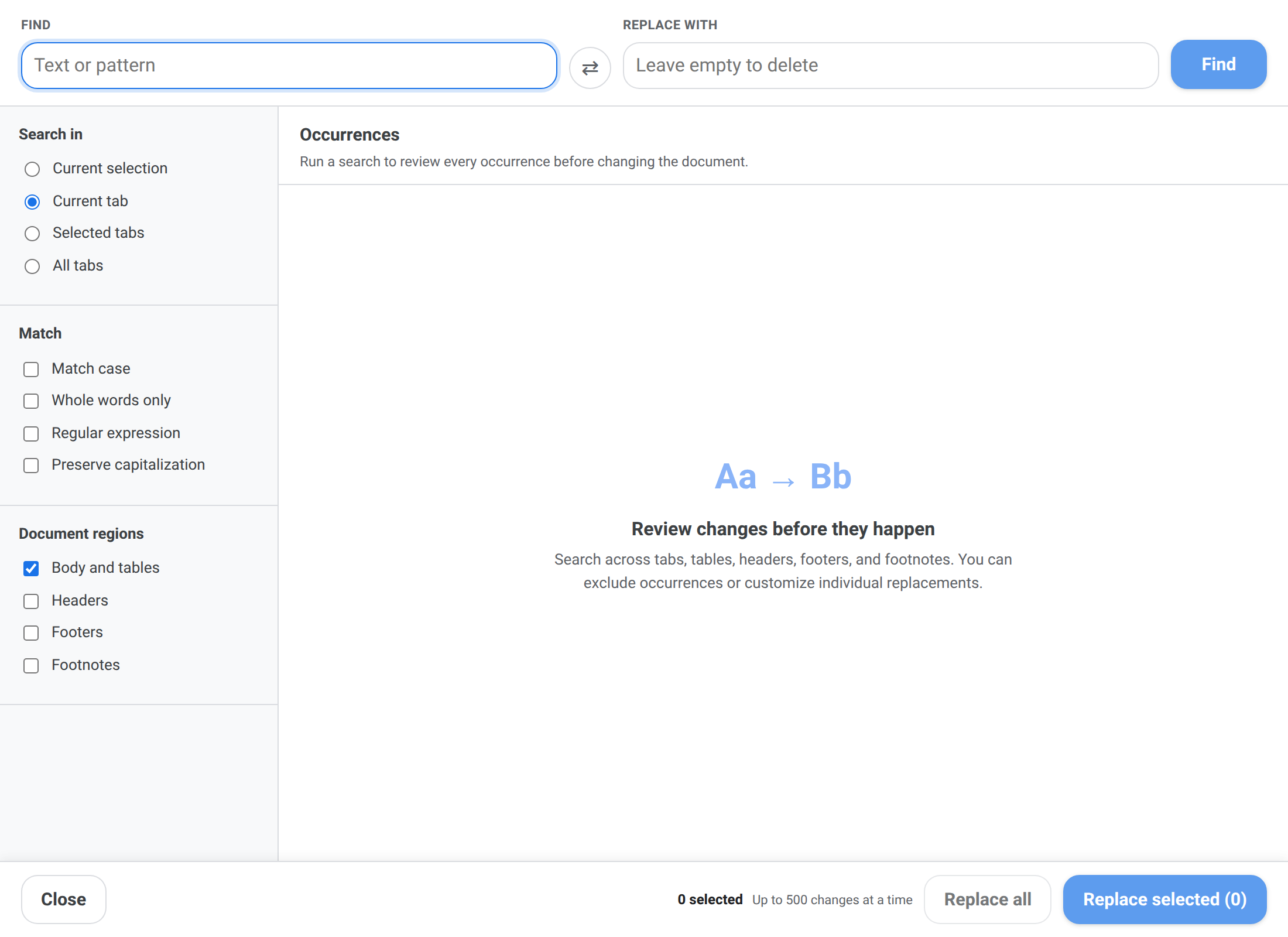 Advanced Find & Replace with search scope, match options, and document region checkboxes before a search has run