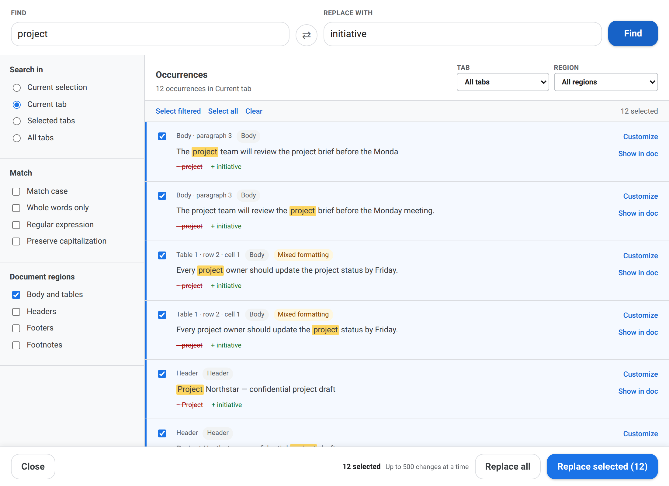 Occurrence list showing body, table cell, and header matches with region badges, replacement previews, and per-occurrence actions