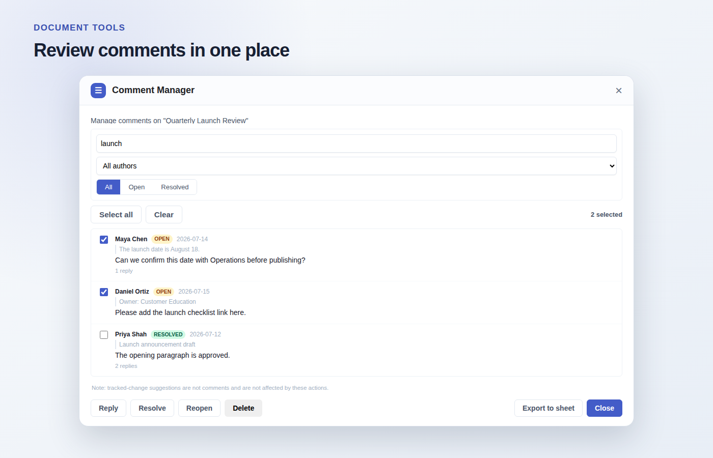 Comment Manager showing open and resolved comments with search, author filters, selections, and bulk actions