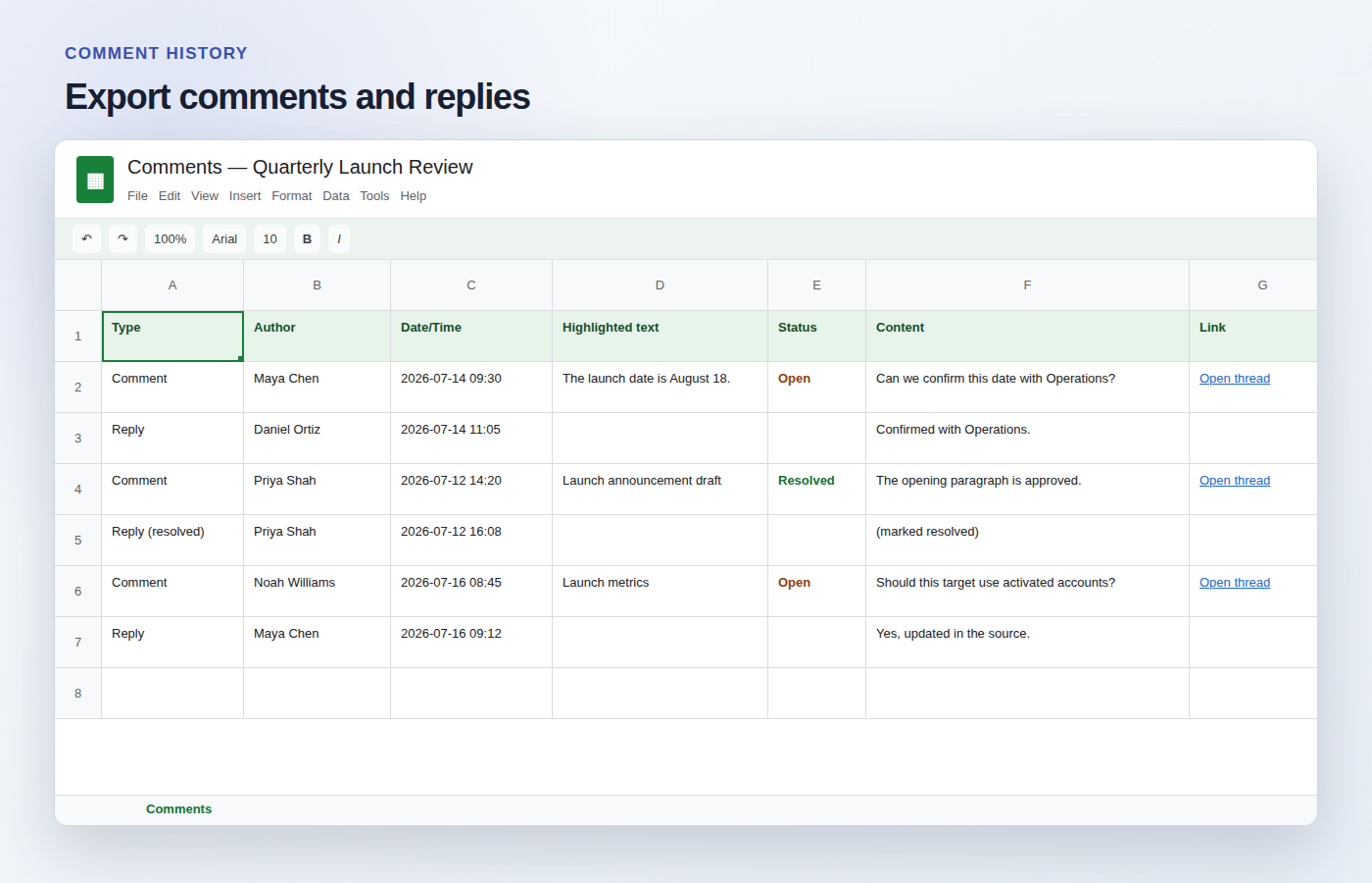 Exported comments spreadsheet with comment and reply rows, authors, dates, status, content, and source links
