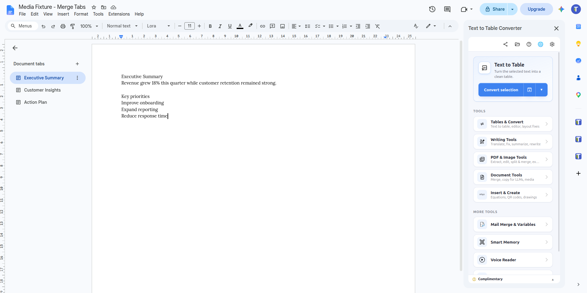 Text To Table Converter sidebar showing the Mail Merge & Variables entry