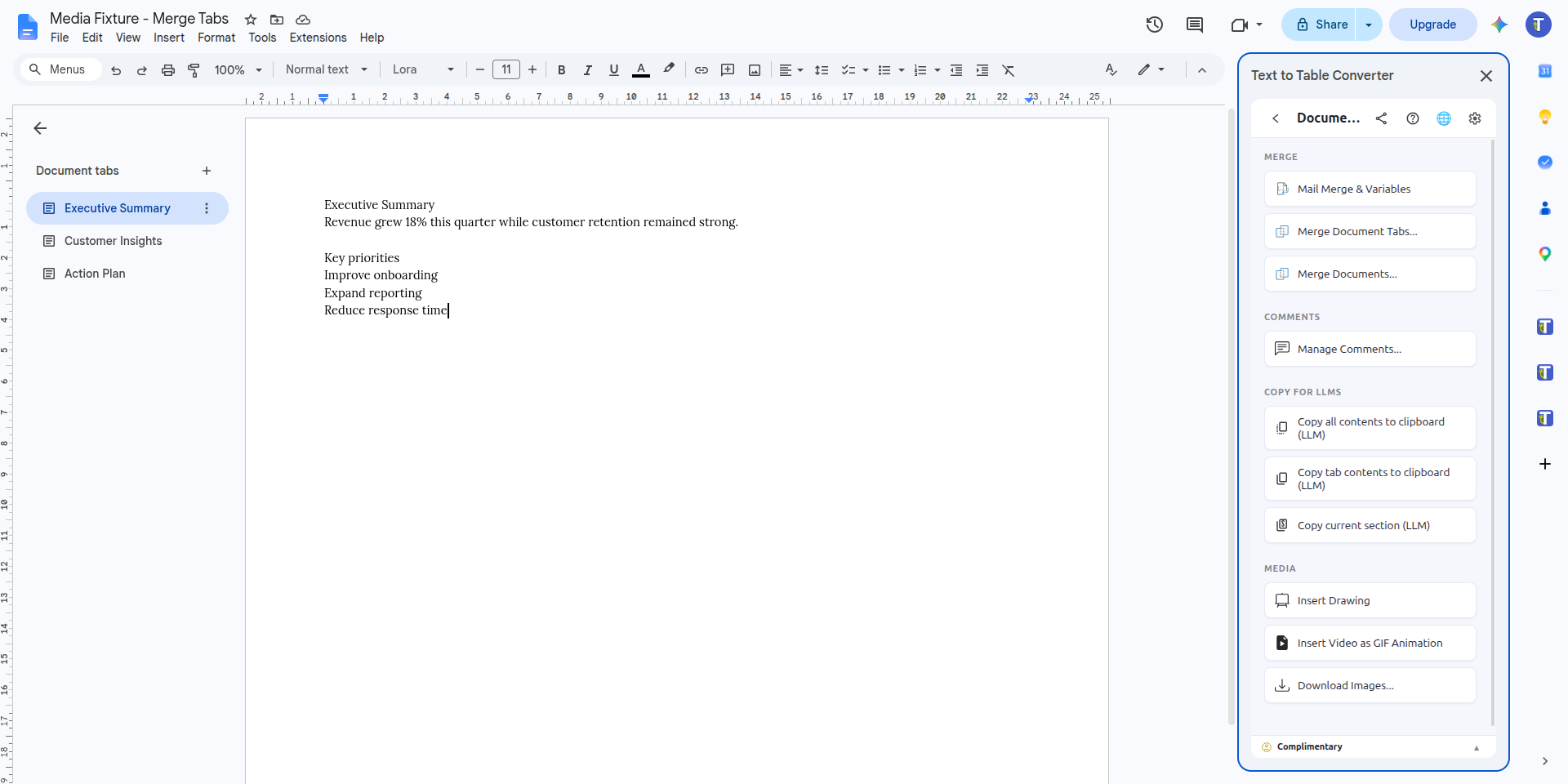 Text To Table Converter Document Tools menu showing Merge Documents