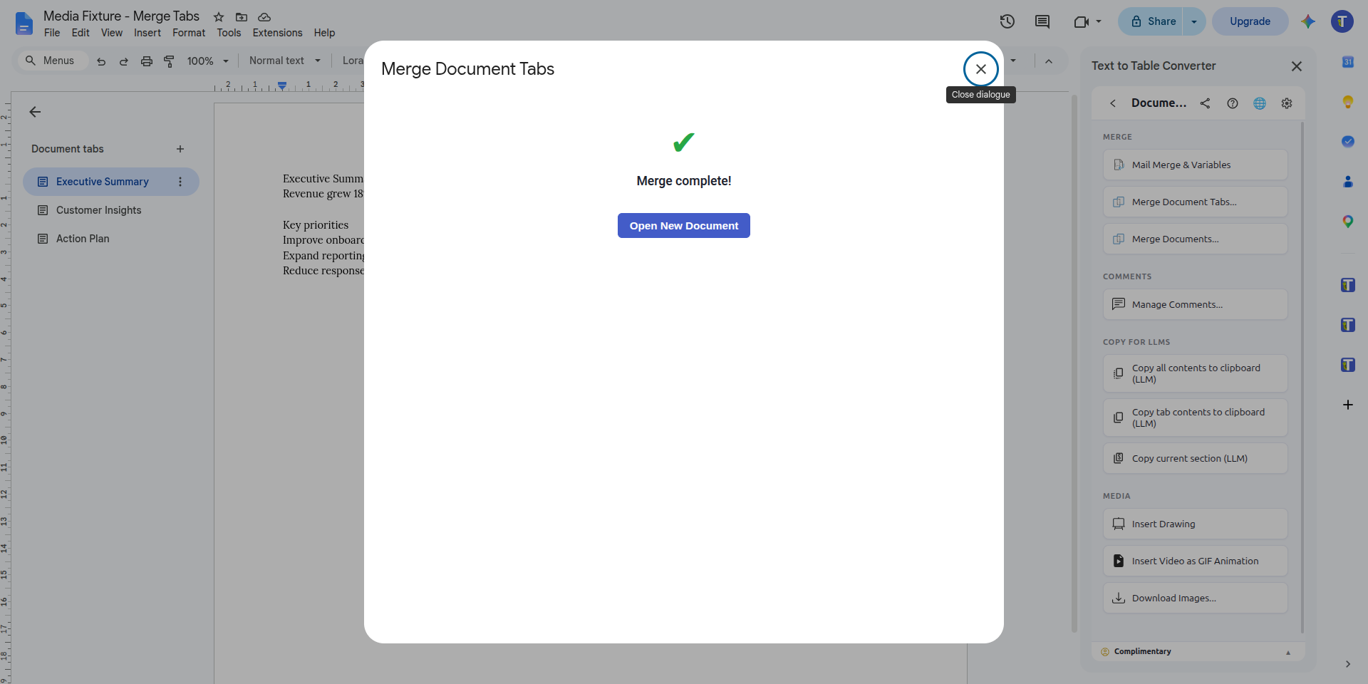 Merge Document Tabs complete dialog with the option to open the new document