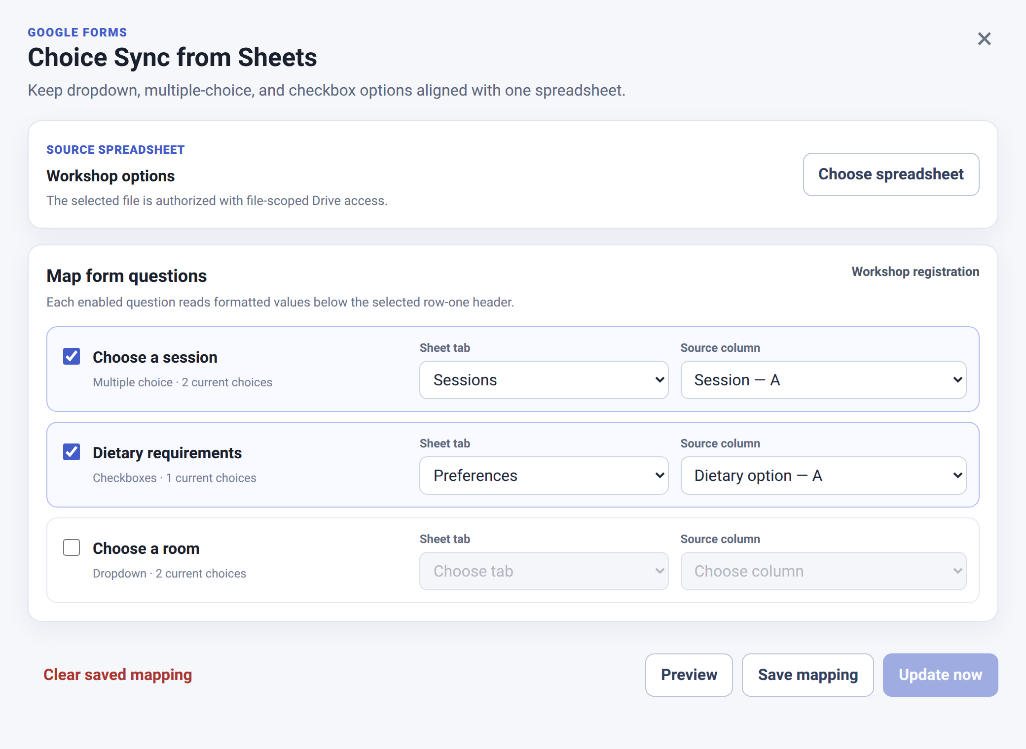 Choice Sync mapping screen with a source spreadsheet selected and two form questions mapped to sheet tabs and columns