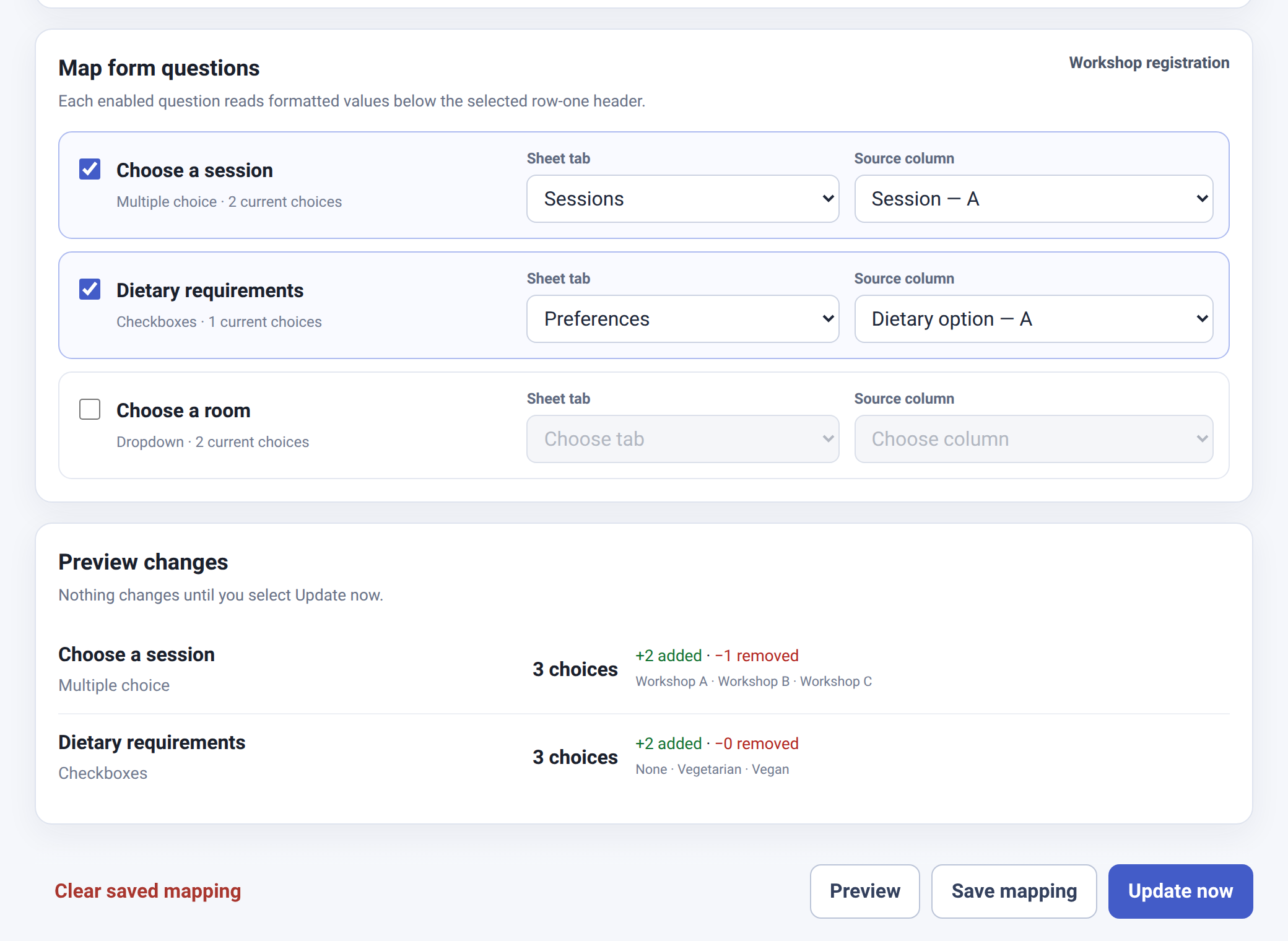Preview changes section listing each mapped question with the number of choices added and removed and a sample of the new values