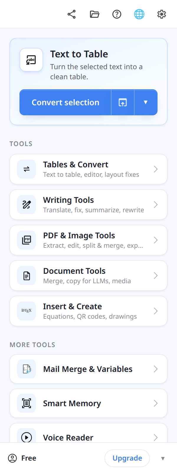 Text To Table Converter sidebar in Google Docs