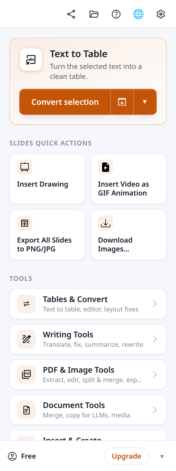 Text To Table Converter sidebar in Google Slides