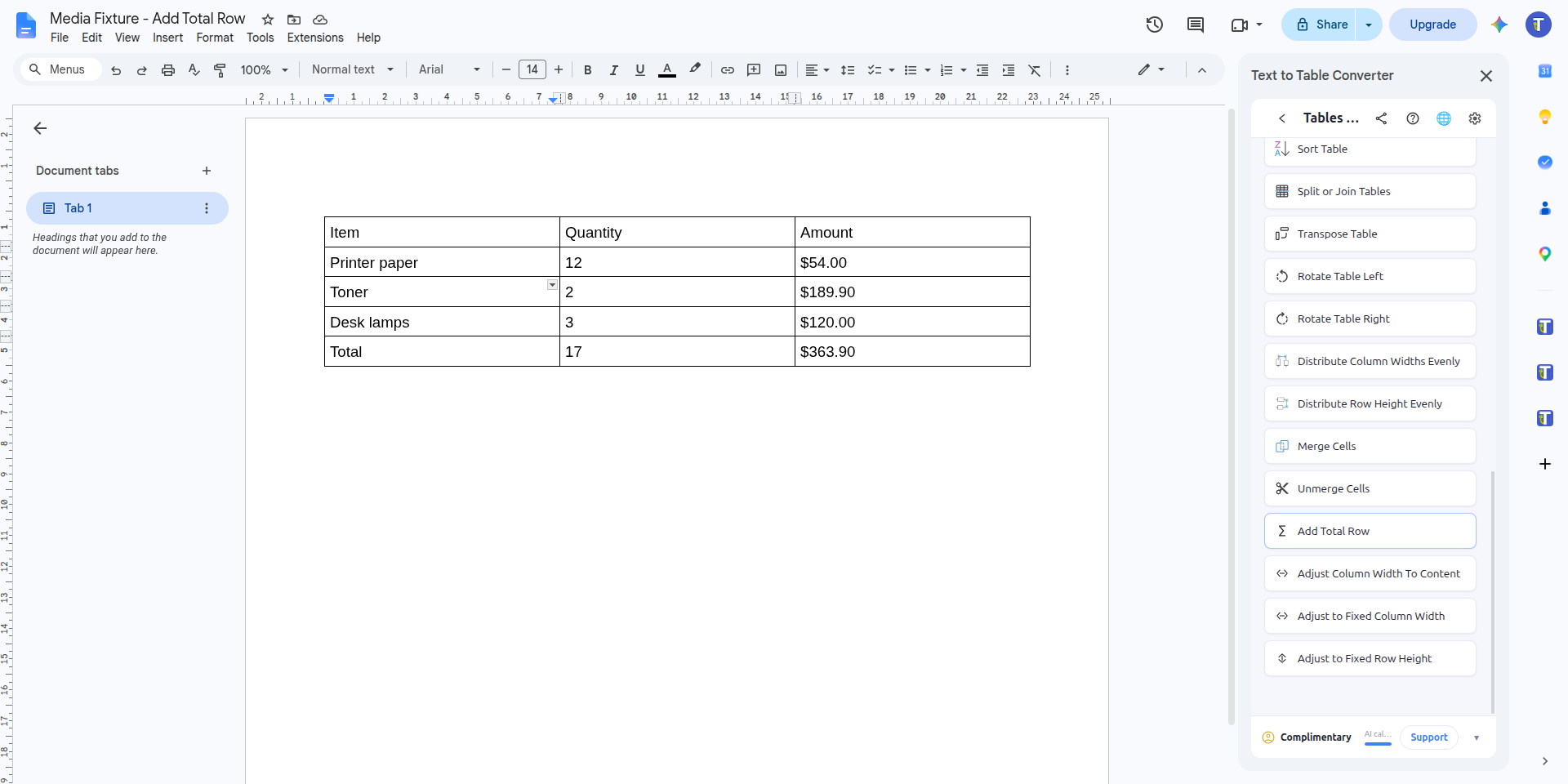 An expense table in Google Docs with a new last row reading Total, 17, $363.90