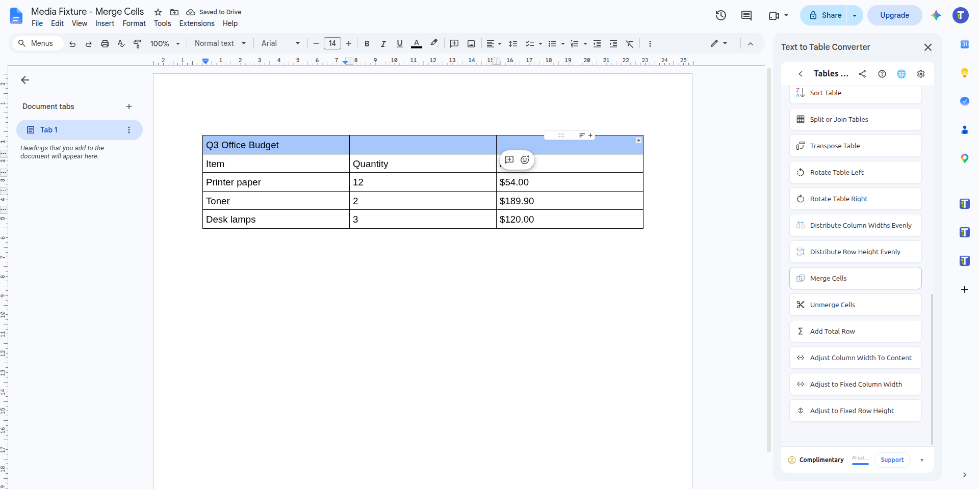 The three cells of the Q3 Office Budget title row selected in a Google Docs table