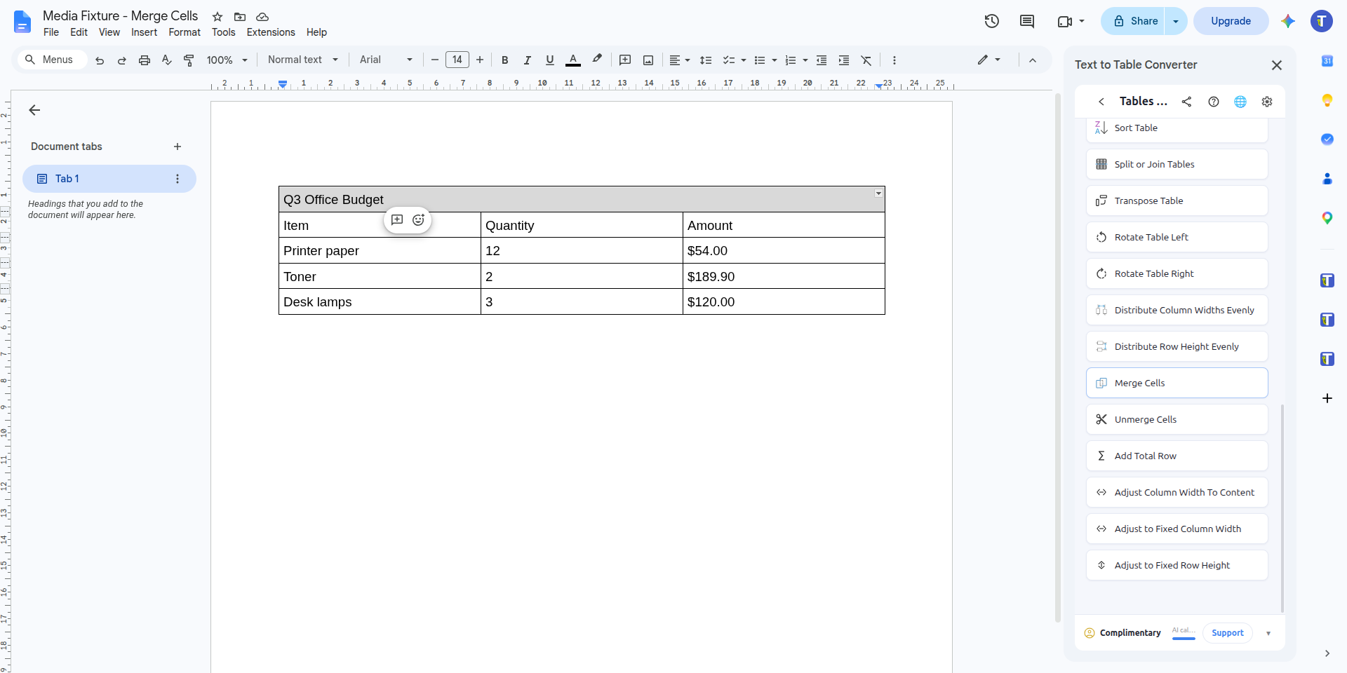 The Q3 Office Budget title now in one merged cell across the top of the table