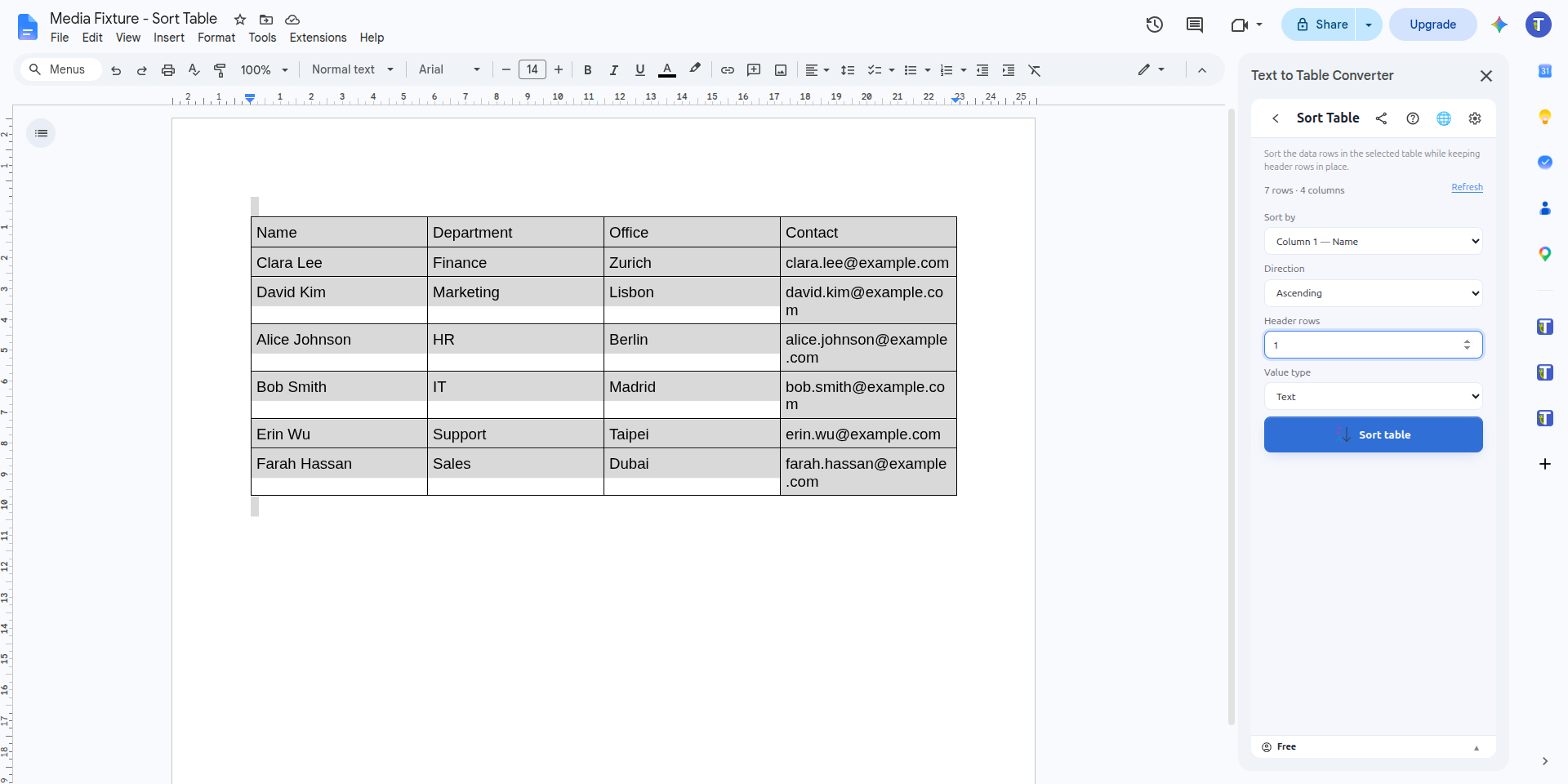 Sort Table options set to Column 1 — Name, Ascending, 1 header row, and the Text value type