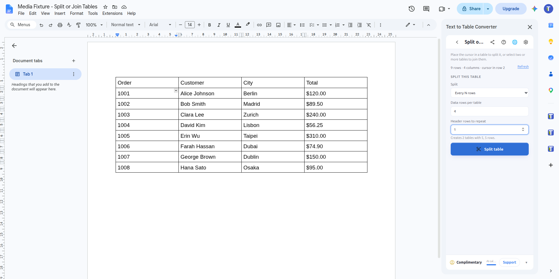 Split or Join Tables sidebar set to Every N rows, 4 data rows per table, and 1 header row to repeat