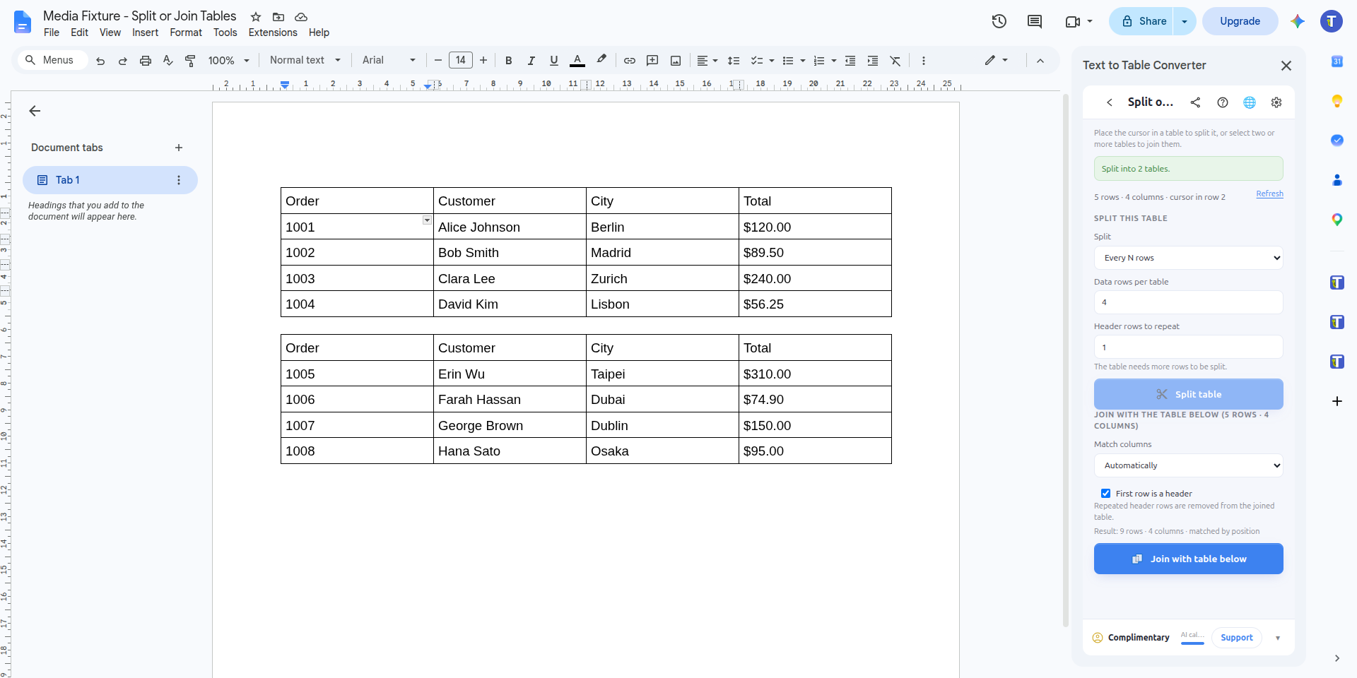 Two tables in Google Docs after the split, each starting with the Order, Customer, City, Total header row