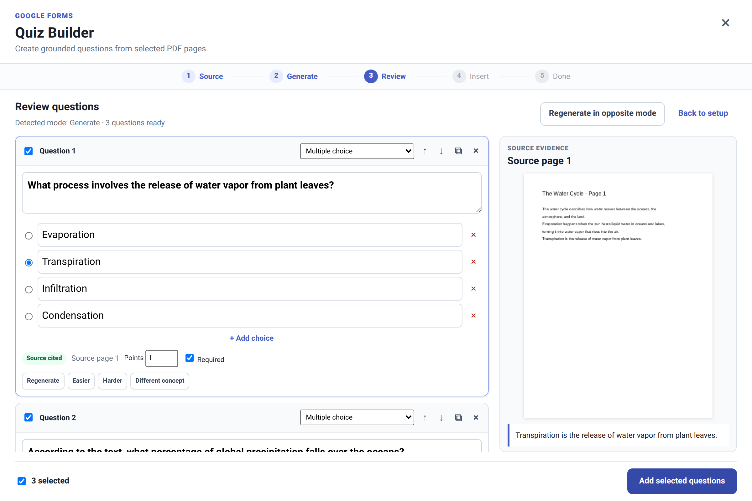 Review screen showing an editable multiple-choice question next to the source evidence panel with the cited PDF page