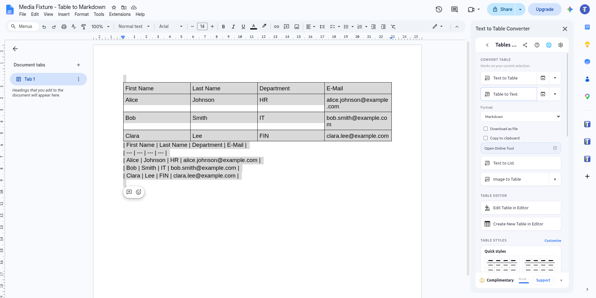 Markdown-Tabellentext, unterhalb der ursprünglichen Tabelle in Google Docs eingefügt